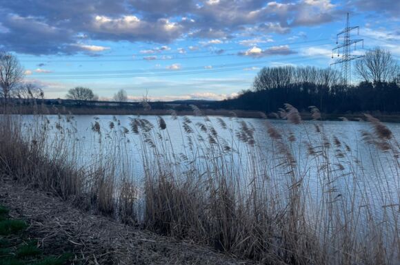 Energieinfrastruktur: Hochspannungsleitung am See, realisiert durch Consulting und Anlagenbau von Cteam.