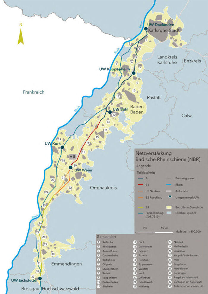 Karte des Projekts Netzverstärkung Badische Rheinschiene mit visualisierten Leitungsbau-Trassen und UWs für Cteam.